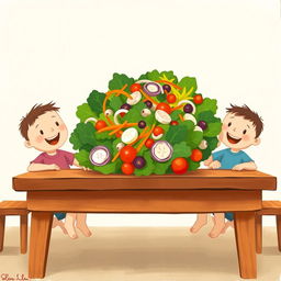 A cheerful scene depicting children happily sitting in front of a wooden table, eagerly looking at a large, colorful salad filled with fresh vegetables, including leafy greens, shredded carrots, sliced onions, mushrooms, and juicy tomatoes