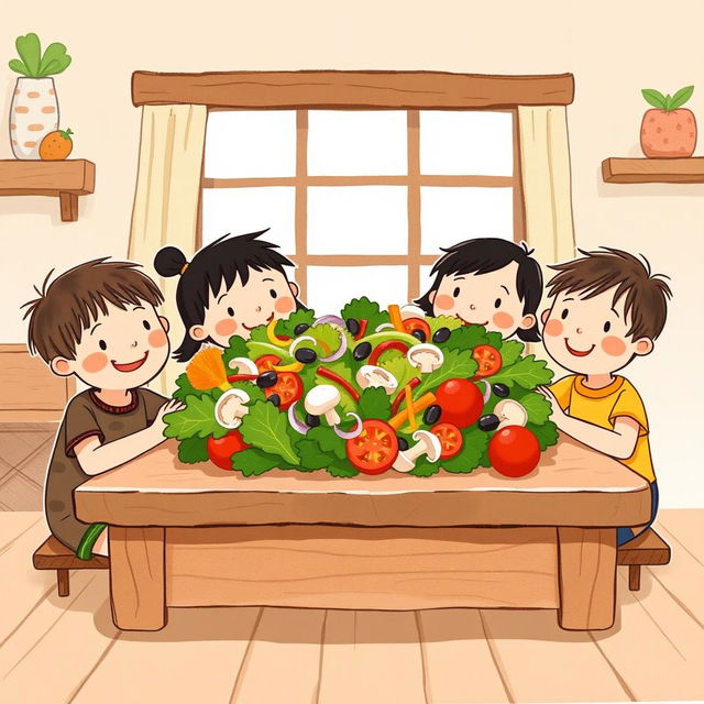 A cheerful scene depicting children happily sitting in front of a wooden table, eagerly looking at a large, colorful salad filled with fresh vegetables, including leafy greens, shredded carrots, sliced onions, mushrooms, and juicy tomatoes