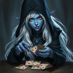 An illustrated, realistic concept art of an alluring and mysterious female Half-Elf drow Rogue, showcasing her striking blue skin, long flowing white hair, and captivating yellow eyes