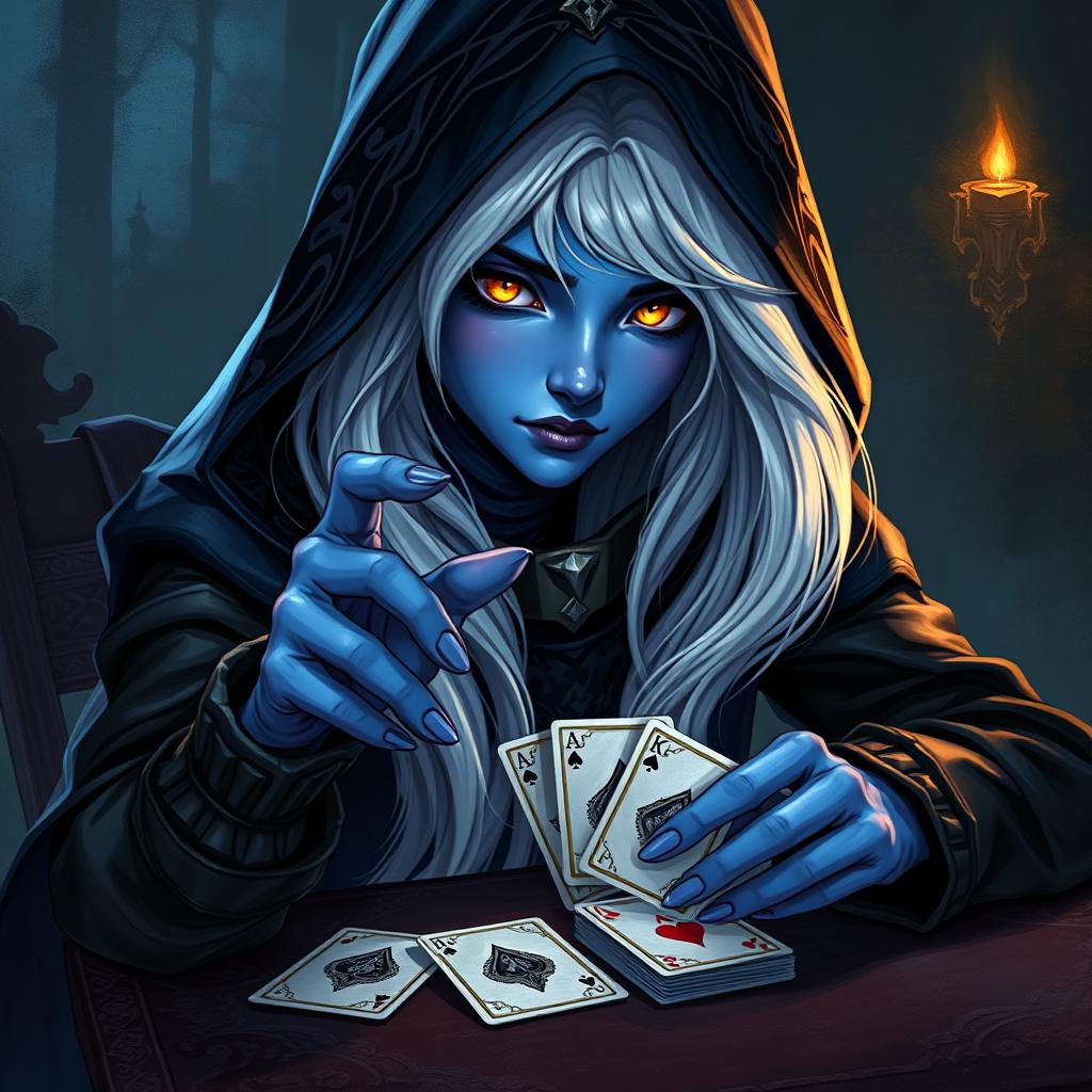 An illustrated, realistic concept art of an alluring and mysterious female Half-Elf drow Rogue, showcasing her striking blue skin, long flowing white hair, and captivating yellow eyes