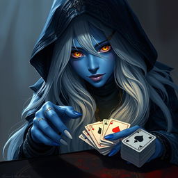 An illustrated, realistic concept art of an alluring and mysterious female Half-Elf drow Rogue, showcasing her striking blue skin, long flowing white hair, and captivating yellow eyes