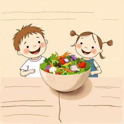 A charming scene featuring a happy little boy and girl sitting joyfully at a rustic wooden table