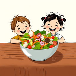 A charming scene featuring a happy little boy and girl sitting joyfully at a rustic wooden table