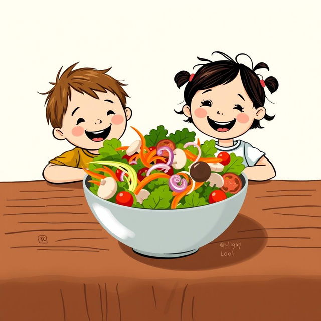 A charming scene featuring a happy little boy and girl sitting joyfully at a rustic wooden table