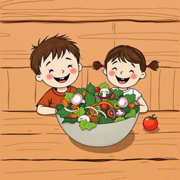 A charming scene featuring a happy little boy and girl sitting joyfully at a rustic wooden table