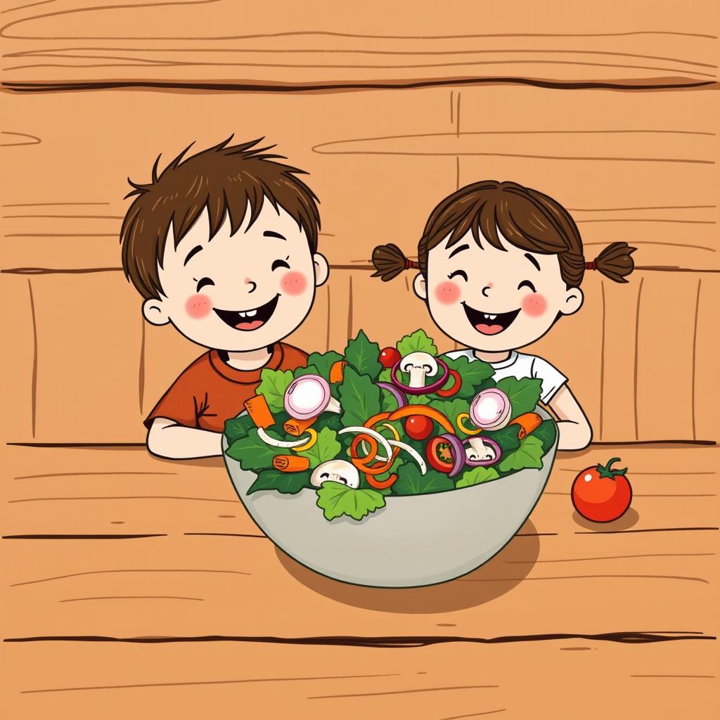 A charming scene featuring a happy little boy and girl sitting joyfully at a rustic wooden table