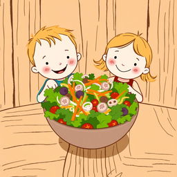 A charming scene featuring a happy little boy and girl sitting joyfully at a rustic wooden table