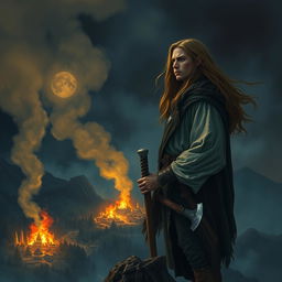 A young and handsome man with long, flowing hair stands atop a mountain, gazing down at a village where he spent his childhood