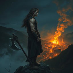 A young and handsome man with long, flowing hair stands atop a mountain, gazing down at a village where he spent his childhood