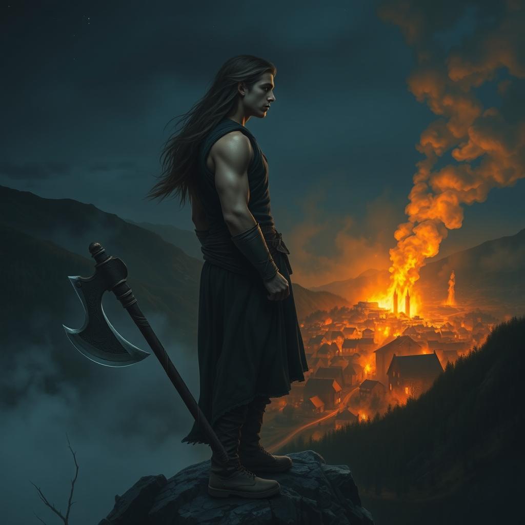 A young and handsome man with long, flowing hair stands atop a mountain, gazing down at a village where he spent his childhood