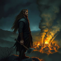 A young and handsome man with long, flowing hair stands atop a mountain, gazing down at a village where he spent his childhood