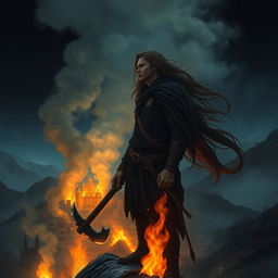 A young and handsome man with long, flowing hair stands atop a mountain, gazing down at a village where he spent his childhood