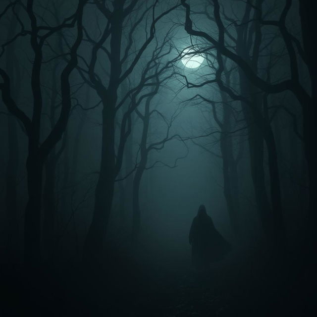 A haunting and dark forest scene at midnight, shrouded in thick fog