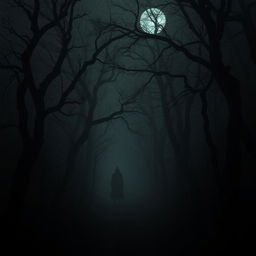 A haunting and dark forest scene at midnight, shrouded in thick fog