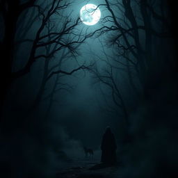 A haunting and dark forest scene at midnight, shrouded in thick fog