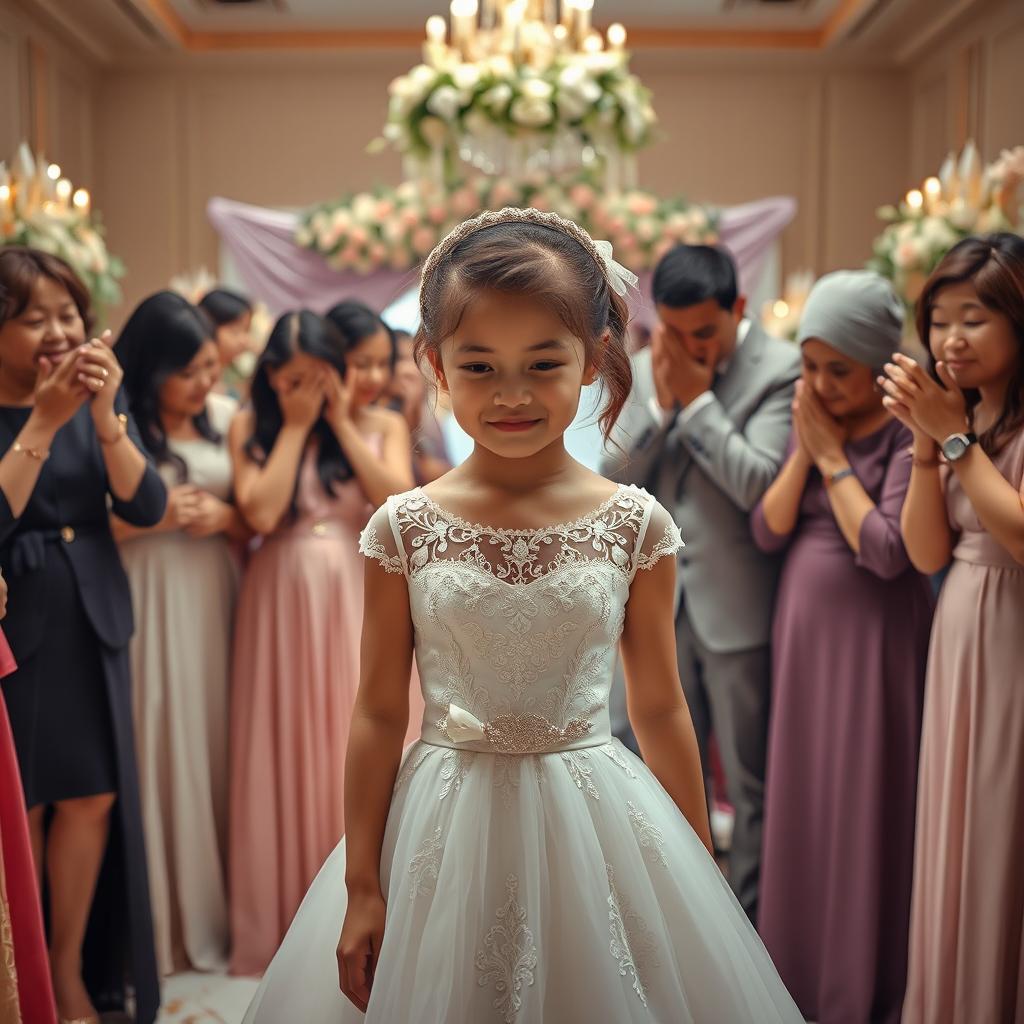 A heartwarming and emotional scene of a girl in a bridal gown, with delicate lace and intricate embroidery, standing in the center of a beautifully decorated hall