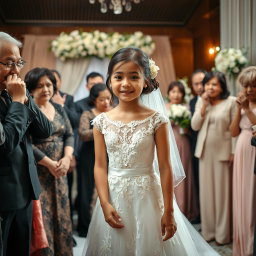 A heartwarming and emotional scene of a girl in a bridal gown, with delicate lace and intricate embroidery, standing in the center of a beautifully decorated hall