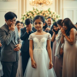 A heartwarming and emotional scene of a girl in a bridal gown, with delicate lace and intricate embroidery, standing in the center of a beautifully decorated hall