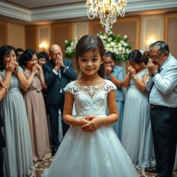 A heartwarming and emotional scene of a girl in a bridal gown, with delicate lace and intricate embroidery, standing in the center of a beautifully decorated hall
