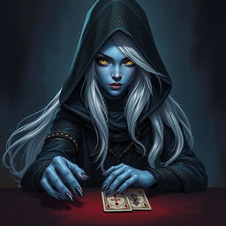 An illustrated, realistic concept art of an alluring and mysterious female Half-Elf drow Rogue, characterized by her striking blue skin, long flowing white hair, and captivating yellow eyes