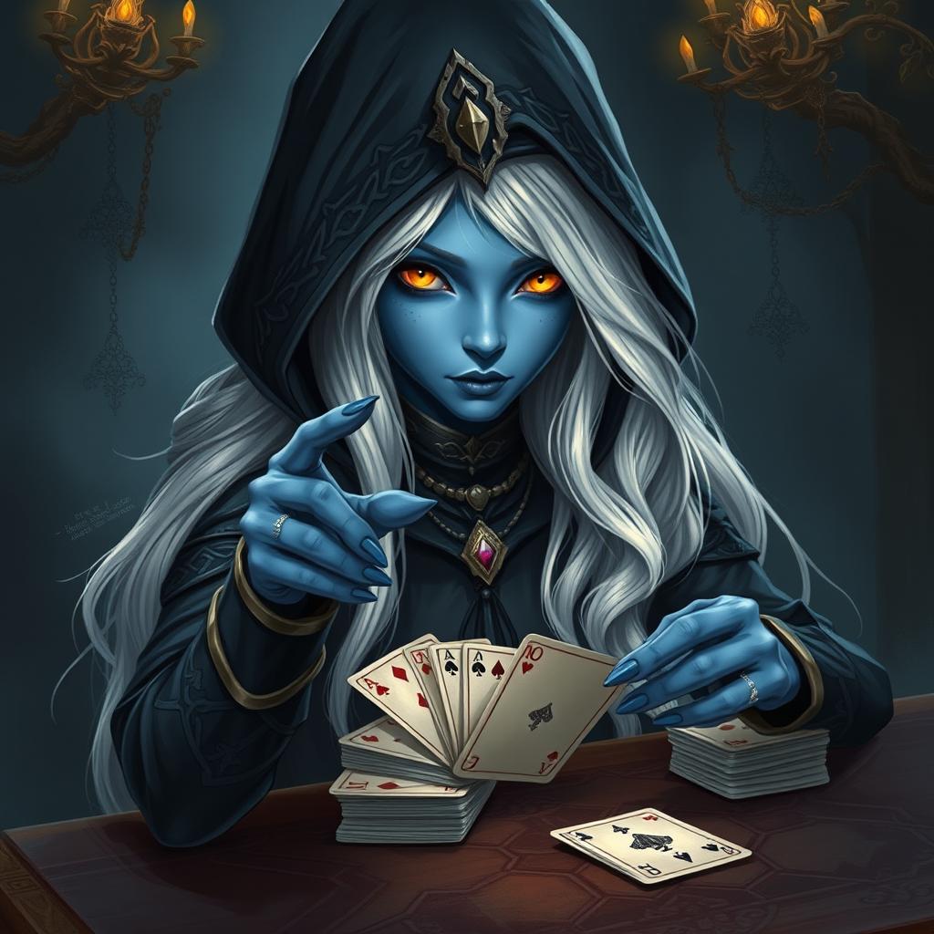 An illustrated, realistic concept art of an alluring and mysterious female Half-Elf drow Rogue, characterized by her striking blue skin, long flowing white hair, and captivating yellow eyes