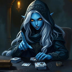 An illustrated, realistic concept art of an alluring and mysterious female Half-Elf drow Rogue, characterized by her striking blue skin, long flowing white hair, and captivating yellow eyes