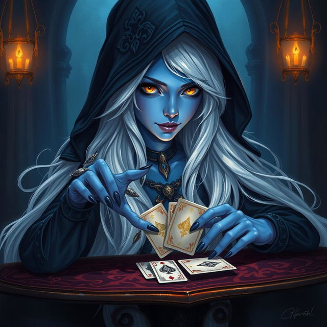 An illustrated, realistic concept art of an alluring and mysterious female Half-Elf drow Rogue, characterized by her striking blue skin, long flowing white hair, and captivating yellow eyes