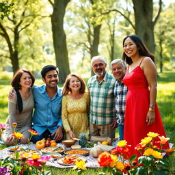 A vibrant family gathering on a beautiful sunny day in a lush green park, where six adults of diverse ethnicities are smiling and enjoying a picnic together