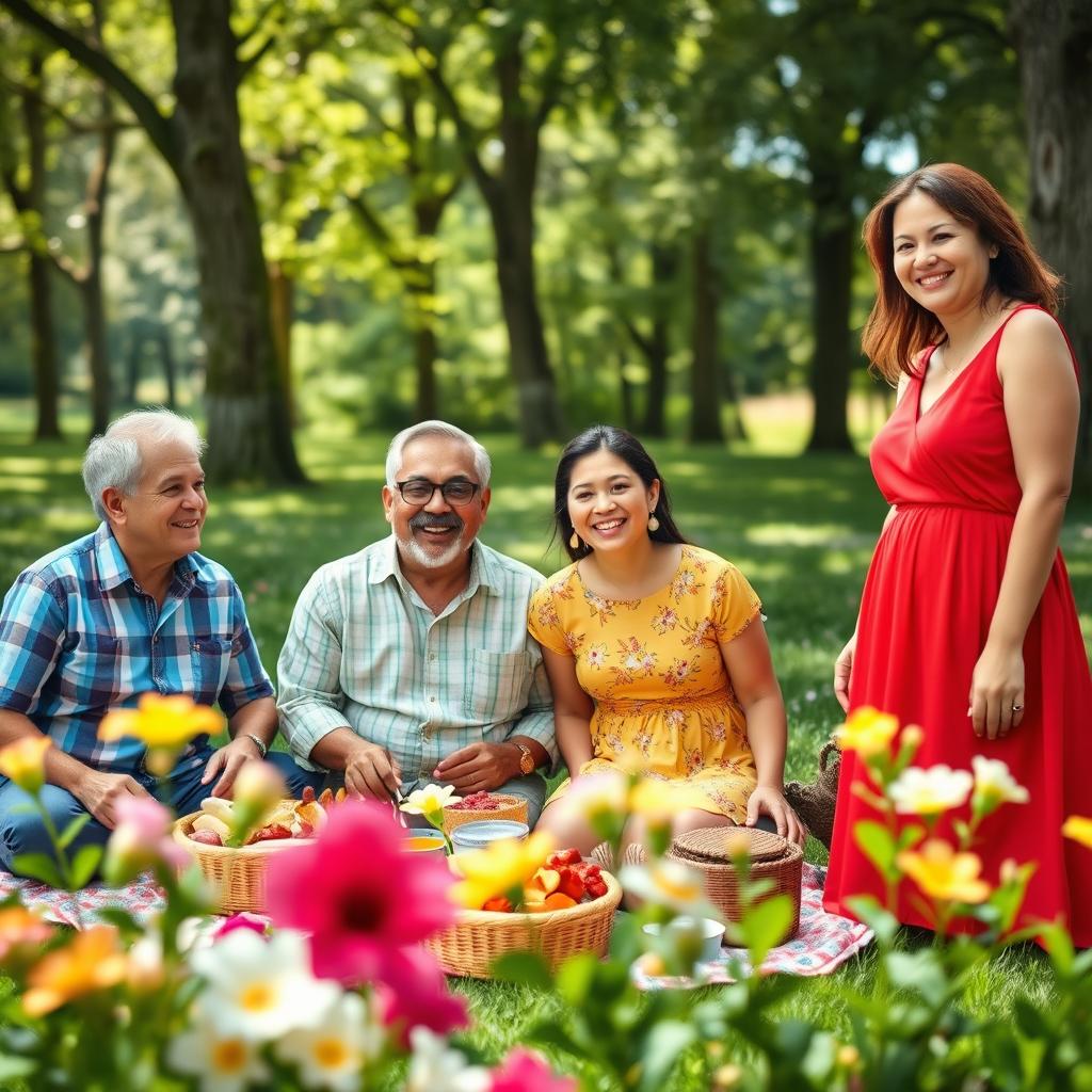 A vibrant family gathering on a beautiful sunny day in a lush green park, where six adults of diverse ethnicities are smiling and enjoying a picnic together