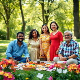 A vibrant family gathering on a beautiful sunny day in a lush green park, where six adults of diverse ethnicities are smiling and enjoying a picnic together