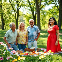 A vibrant family gathering on a beautiful sunny day in a lush green park, where six adults of diverse ethnicities are smiling and enjoying a picnic together