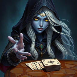 An illustrated, realistic concept art depicting an alluring and mysterious female Half-Elf drow Rogue
