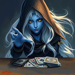 An illustrated, realistic concept art depicting an alluring and mysterious female Half-Elf drow Rogue