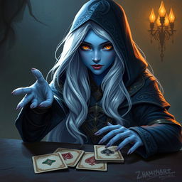 An illustrated, realistic concept art depicting an alluring and mysterious female Half-Elf drow Rogue