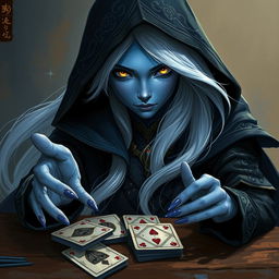 An illustrated, realistic concept art depicting an alluring and mysterious female Half-Elf drow Rogue
