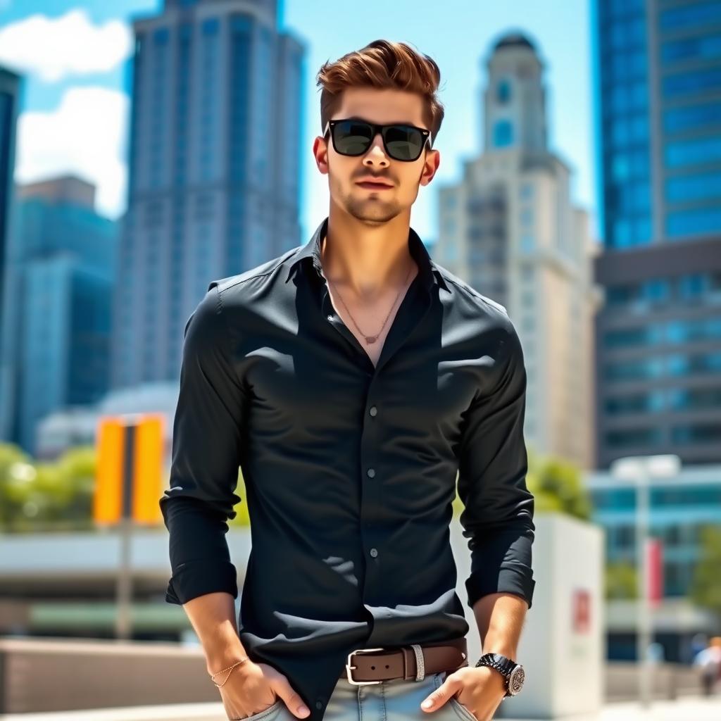 A stylish individual wearing a fitted black shirt, standing confidently in an urban environment