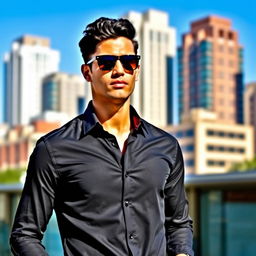 A stylish individual wearing a fitted black shirt, standing confidently in an urban environment