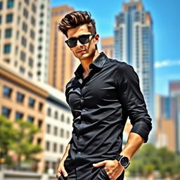 A stylish individual wearing a fitted black shirt, standing confidently in an urban environment