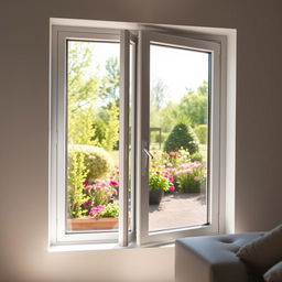 An aluminum window with a modern design, fully opened to reveal a beautiful view of a sunny day
