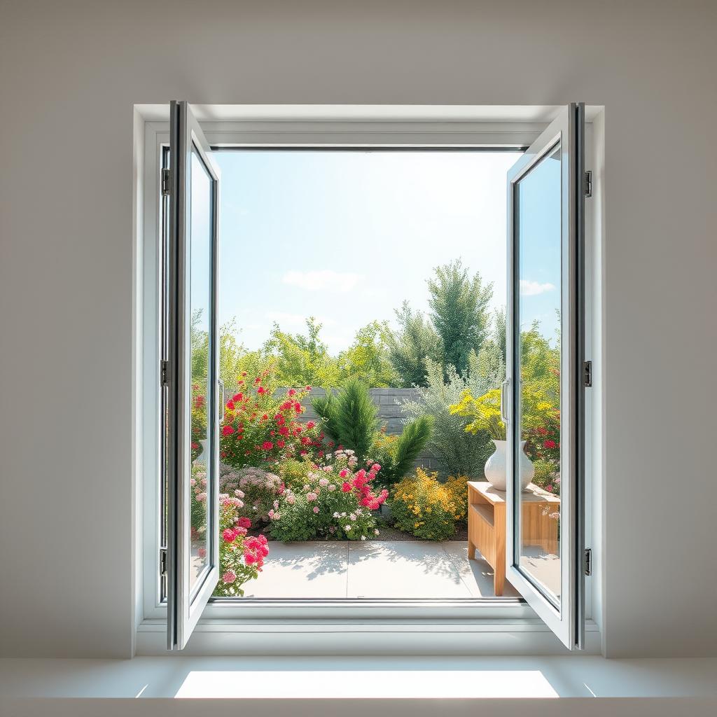 An aluminum window with a modern design, fully opened to reveal a beautiful view of a sunny day