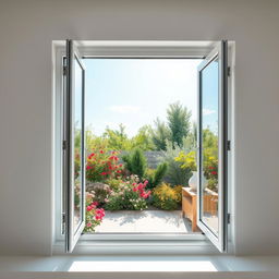 An aluminum window with a modern design, fully opened to reveal a beautiful view of a sunny day