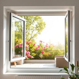 An aluminum window with a modern design, fully opened to reveal a beautiful view of a sunny day