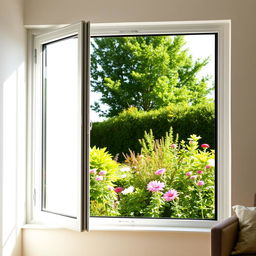 An aluminum window with a modern design, fully opened to reveal a beautiful view of a sunny day