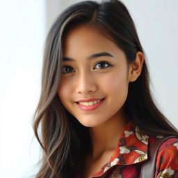A beautiful young Indonesian woman with warm, curious, and friendly almond-shaped brown eyes