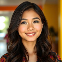 A beautiful young Indonesian woman with warm, curious, and friendly almond-shaped brown eyes