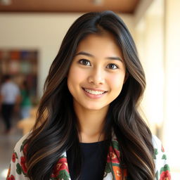 A beautiful young Indonesian woman with warm, curious, and friendly almond-shaped brown eyes