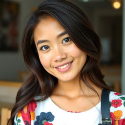 A beautiful young Indonesian woman with warm, curious, and friendly almond-shaped brown eyes