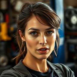 A beautiful woman in her 30s working in an auto repair shop