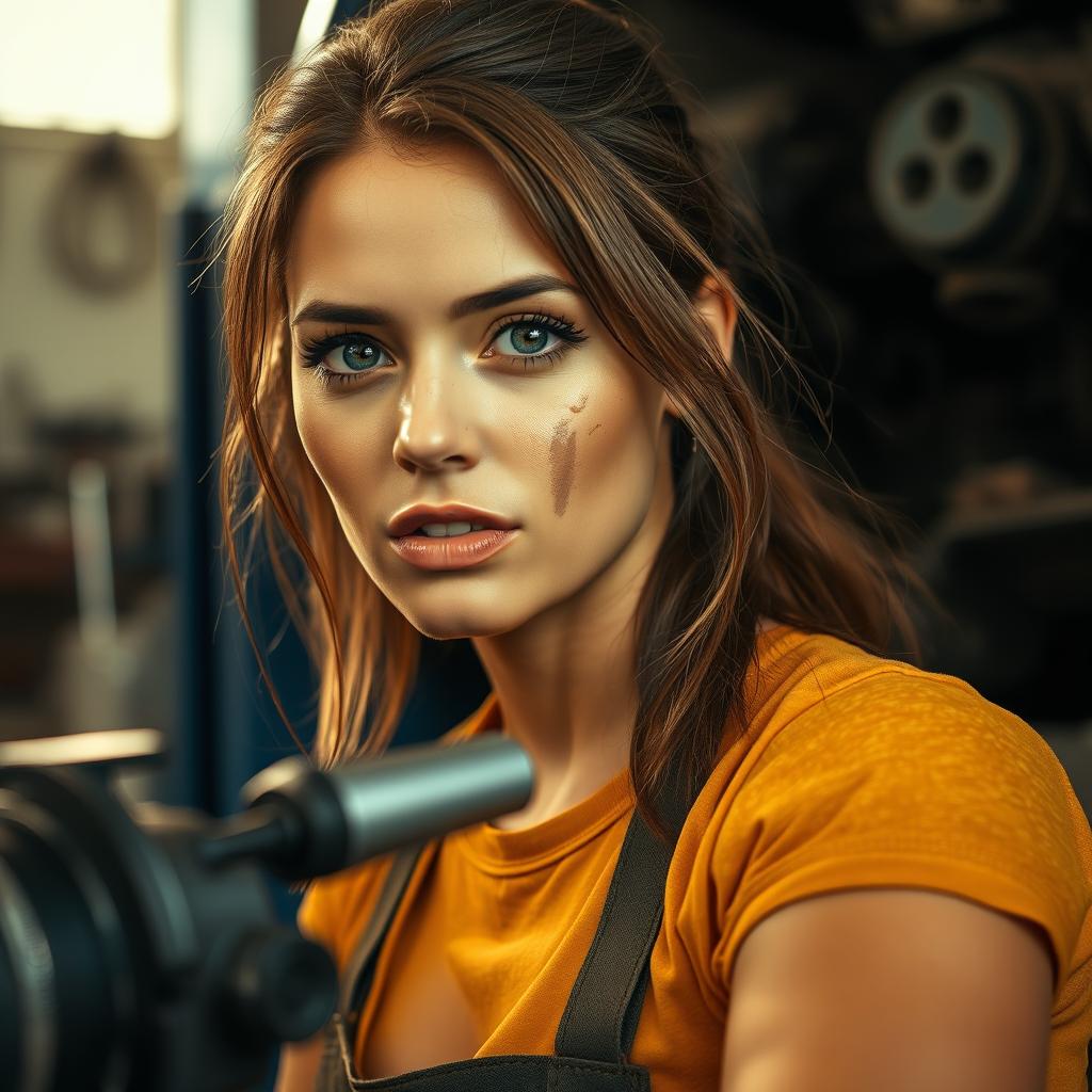 A beautiful woman in her 30s working in an auto repair shop