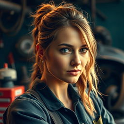 A beautiful woman in her 30s working in an auto repair shop